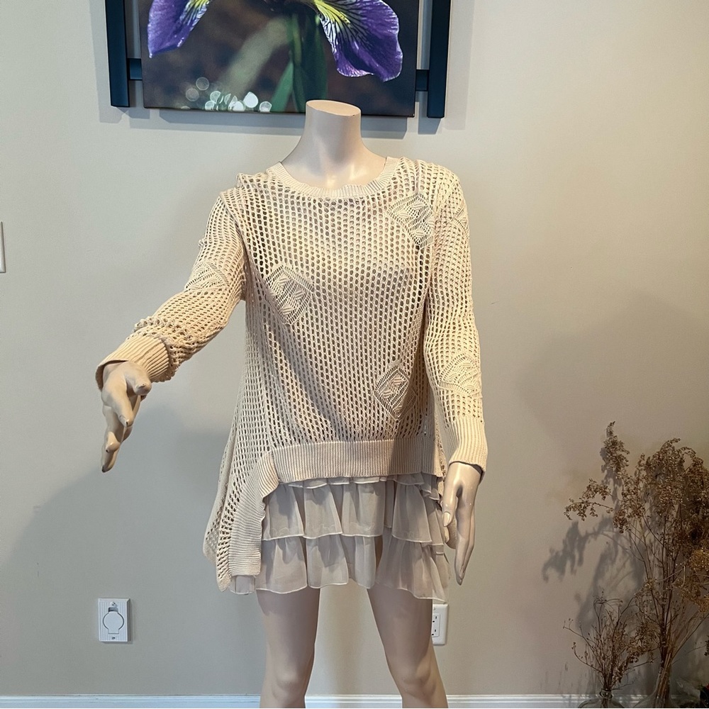 9.Unique beige knit and sheer layered dress size M from LACE